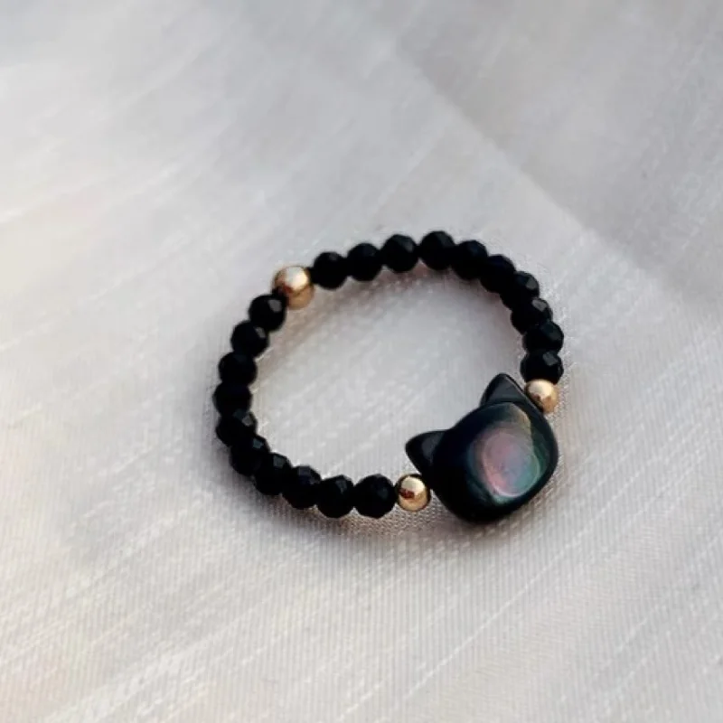 

Natural Shell Kitty Ring Healing Black Crystal Stone for Women 14K Gold Bohemian Jewelry Animal Elastic Rope Adjustable Rings