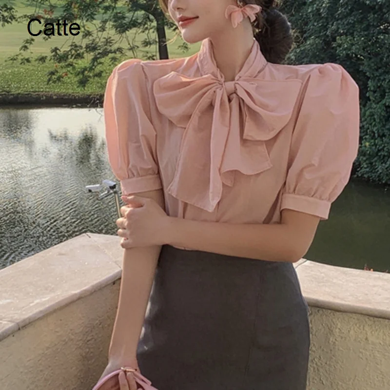 

Korean Bubble Sleeve Shirt Women's Summer Sweet Short Sleeve Bow Temperament Pink Top Elegant Retro Versatile Niche Chic Blouse