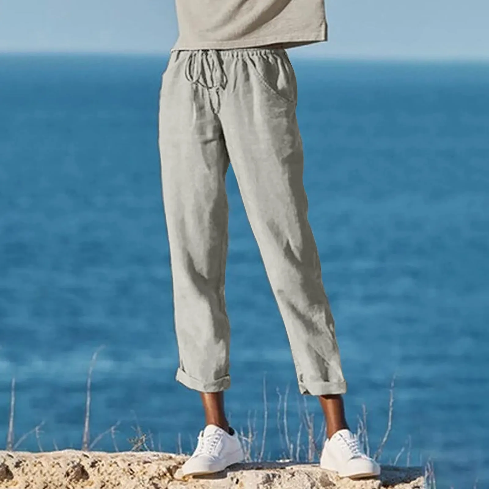 

Loose Cotton Linen Baggy Pants Women Solid Drawstring High Waist Harem Pants Korean Fashion Long Trousers with Pocket Pantalones