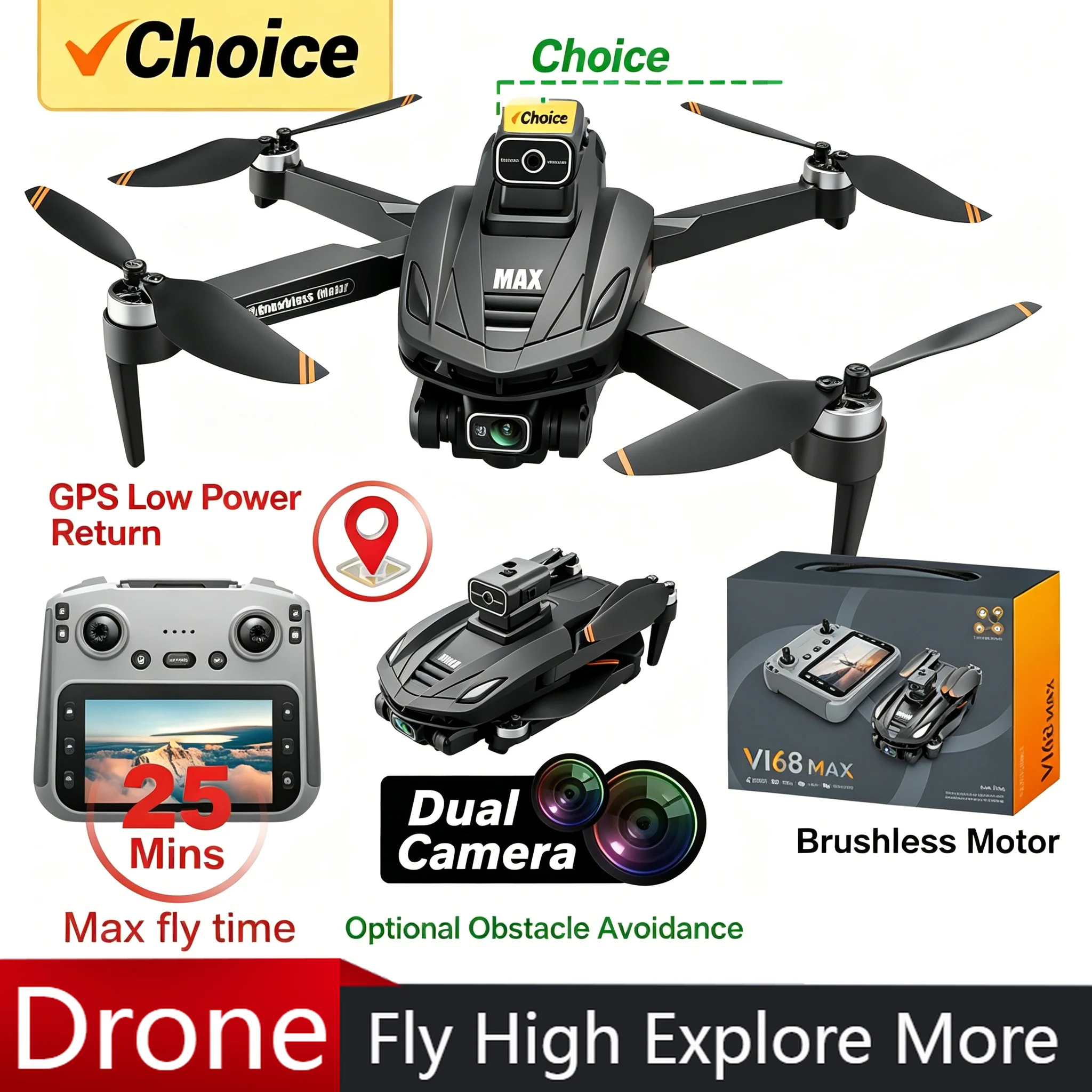 Фото Радиоуправляемый квадрокоптер V168 MAX GPS с 5G Wi-Fi FPV, 8K двойной HD-камерой, облётом препятствий на 360° и бесщёточным двигателем, с большим экраном №1