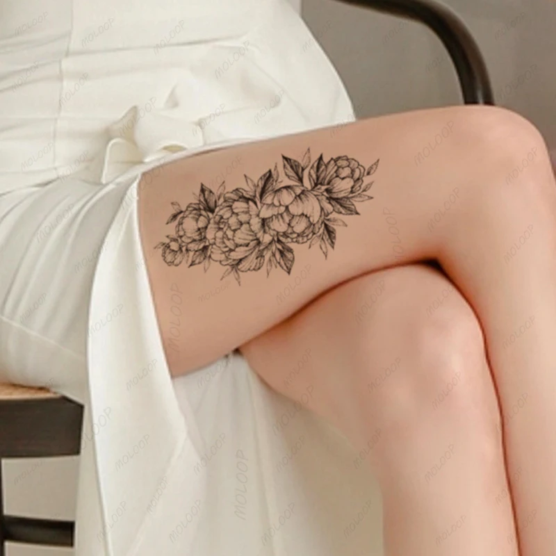 

Водостойкие Временные татуировки-наклейки с цветами, черные пионы, ветки, листья, искусственные татуировки, татуировки на руку, боди-арт для женщин