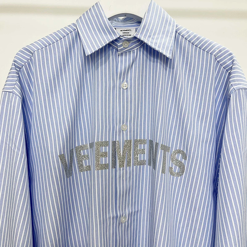 

VETEMENTS Shirt Men Women 1:1 Foil Logo Print Oversize Blue Stripe Vetements Long Sleeve Shirt