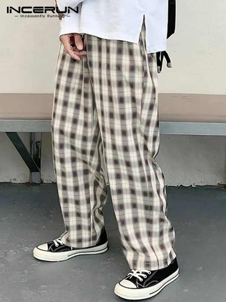 

INCERUN Men Plaid Pants Elastic Waist Streetwear Loose Joggers Casual Straight Trousers Men 2022 Fashion Leisure Pantalon S-5XL