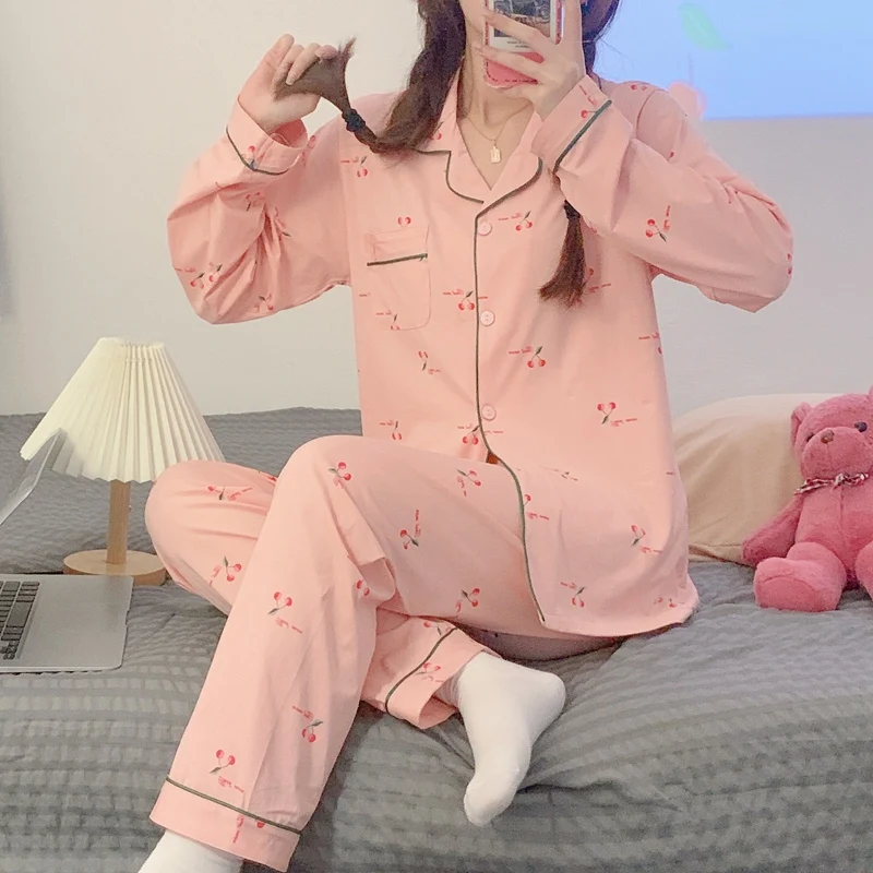 

2022 Autumn Long Sleeve Cotton Print Pajama Sets for Women Korean Loose Sleepwear Suit Pyjama Homewear Pijama Mujer Home Clothes