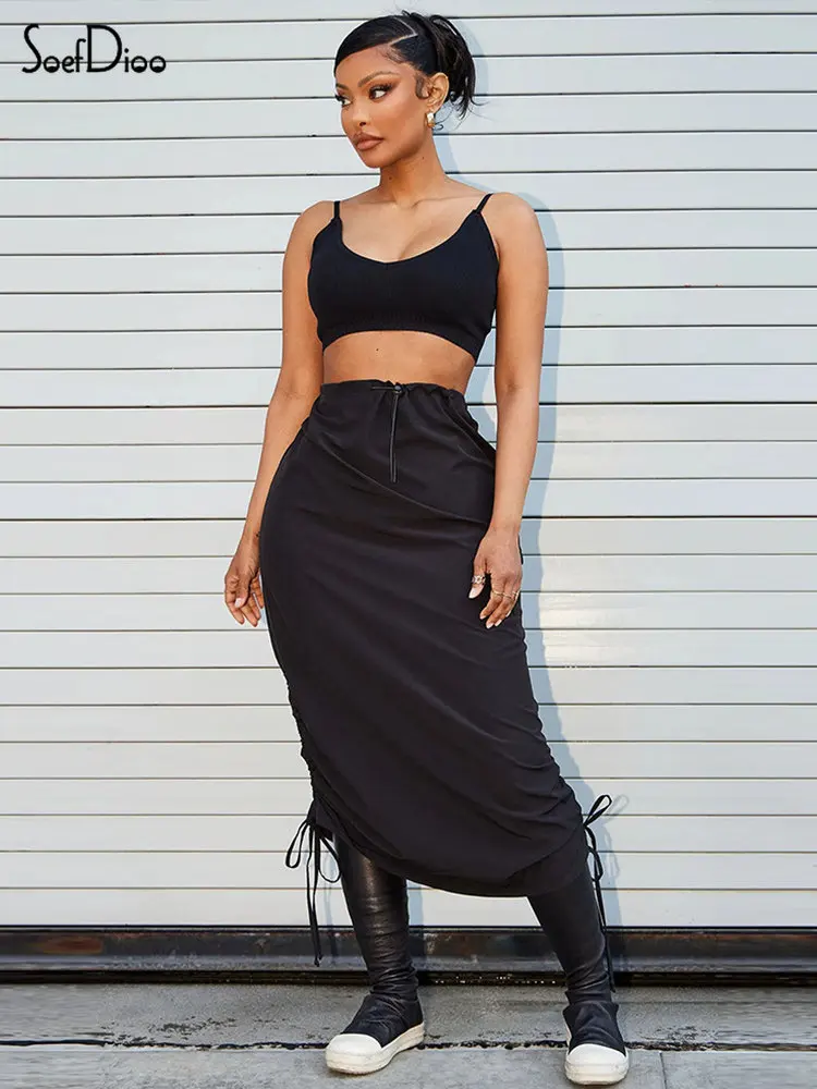 

Soefdioo Solid High Waist Drawstring Skirts for Women Clothing Spring 2023 Fashion Loose Long Skirt Female Bottoms Streetwear