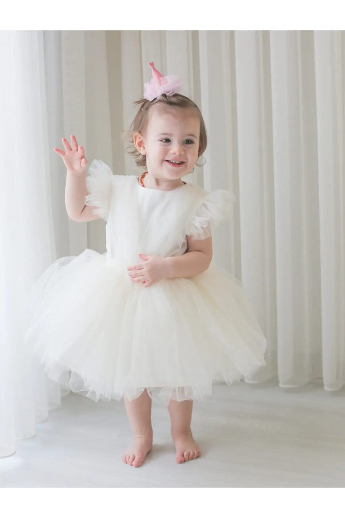 

Raw white Girl Baby Birthday Tütü Dress Button Tulle Bike Collar