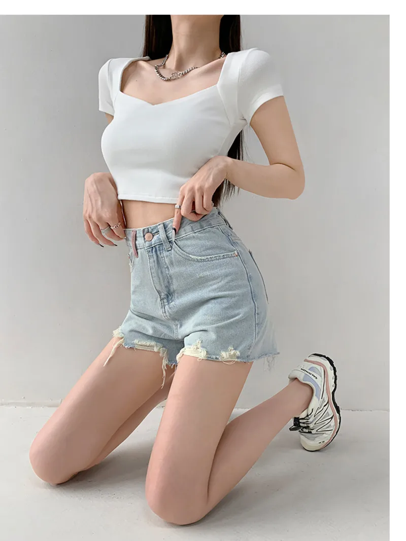 

Женские Летние повседневные шорты, новинка 2023, Женские однотонные Дизайнерские джинсовые шорты с высокой талией, свободные широкие шорты 77F3