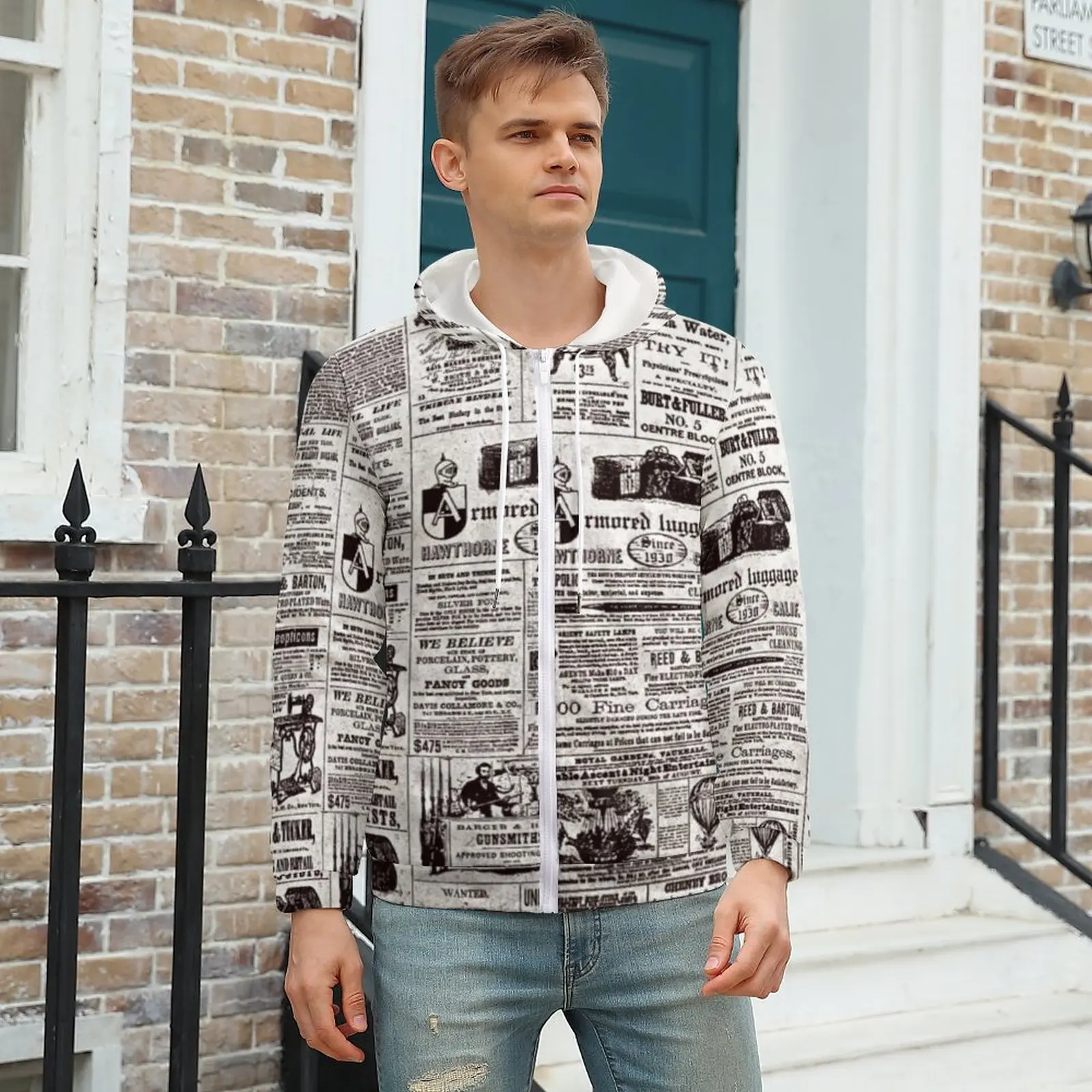 

Texture Newspaper Casual Hoodies Vintage Print Trendy Graphic Zip Hooded Sweatshirts Autumn Long Sleeve Loose Oversize Hoodie