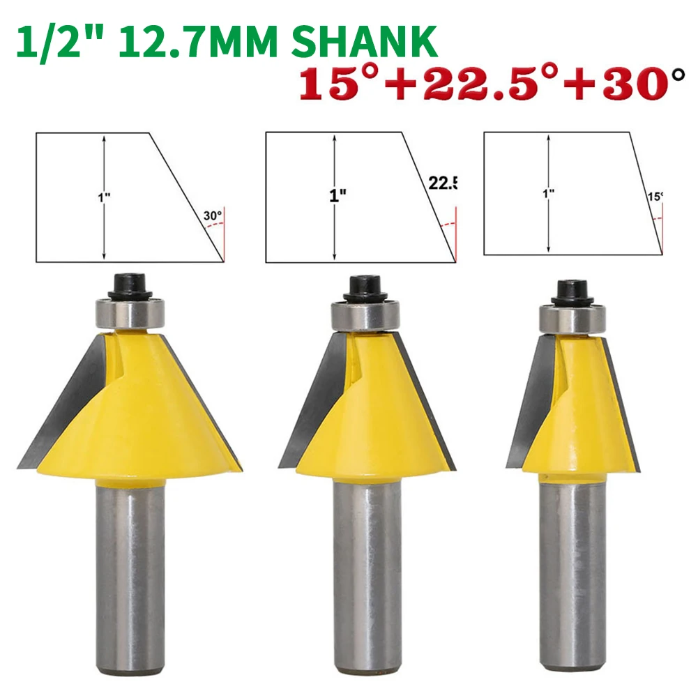 

3PCS/Set 1/2" 12.7MM Shank Milling Cutter Wood Carving 15 22.5 30 Degree Chamfer Bevel Edging Router Bit woodworking Router Bits