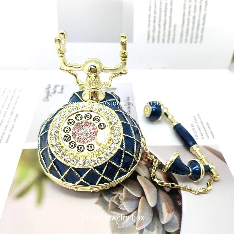 New Bejeweled Enameled Trinket Box/Figurine With Rhinestones- Vintage Telephone