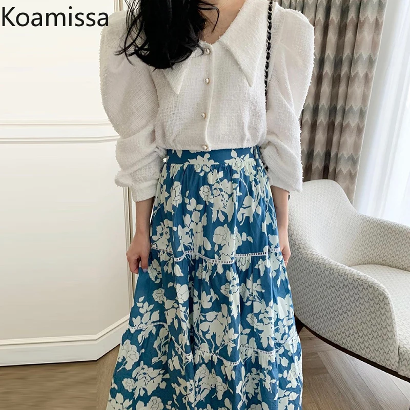 

Женский элегантный костюм Koamissa из двух предметов, рубашка с длинными рукавами с буфами, трапециевидная юбка макси с завышенной талией и цве...