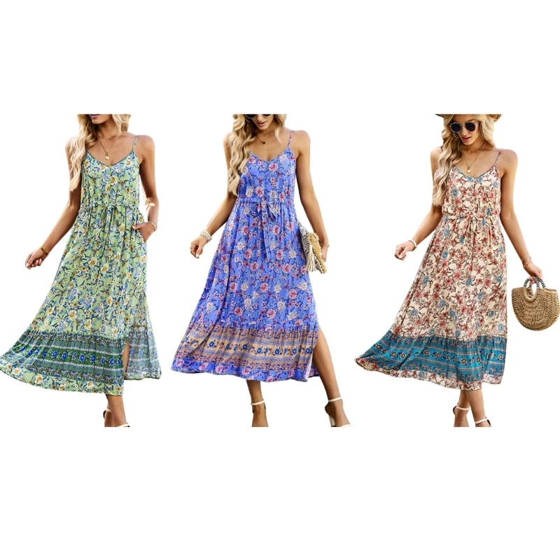 

50JB Women Summer Side Split V Neck Maxi Dress with Belt Spaghetti Strap Sundress