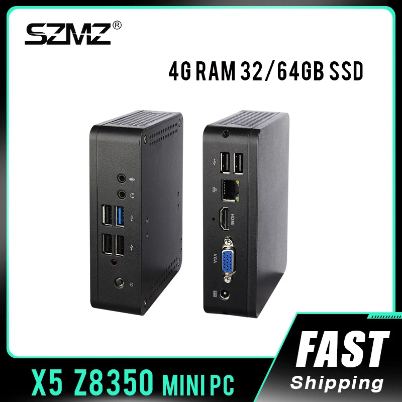 New SZMZ MINI PC X5 Z8350 1.92GHz 4GBRAM 64GB SSD Wnidows 10 Linux Support 2.5 Inch HDD,WIN10 TV BOX,VGA&HDMI Dual Output