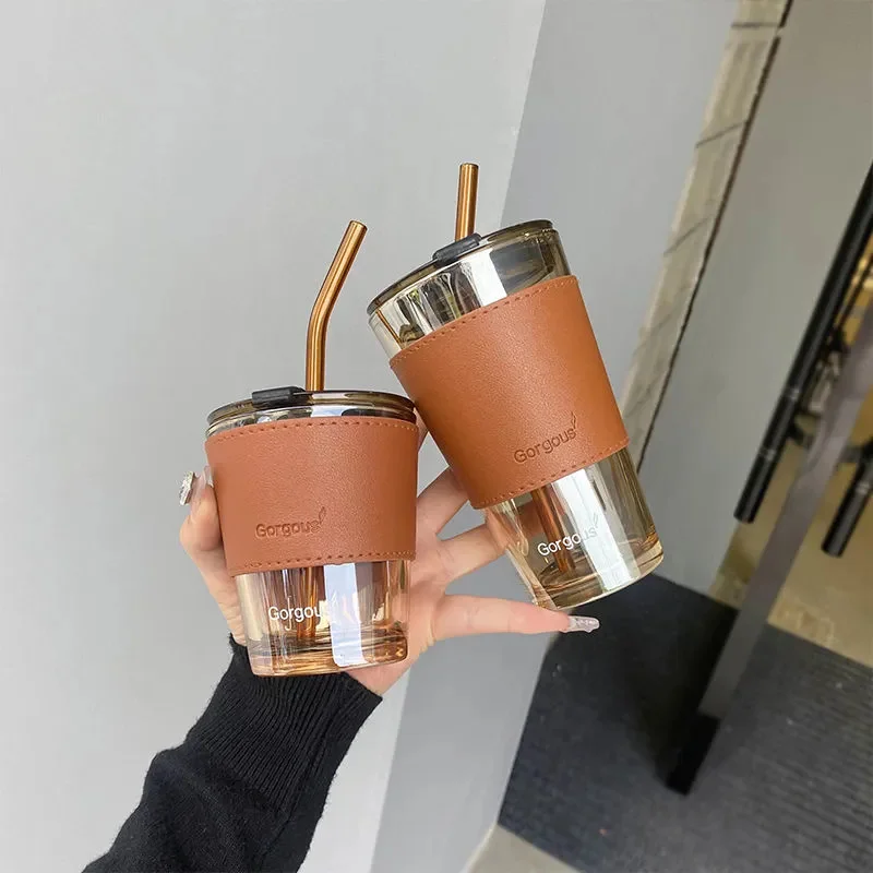 

Creative Glass Coffee cups Straw Cup With Lid Heat-Resistant Water Bottle tumbler with straw mugs coffee mug free shipping اكواب