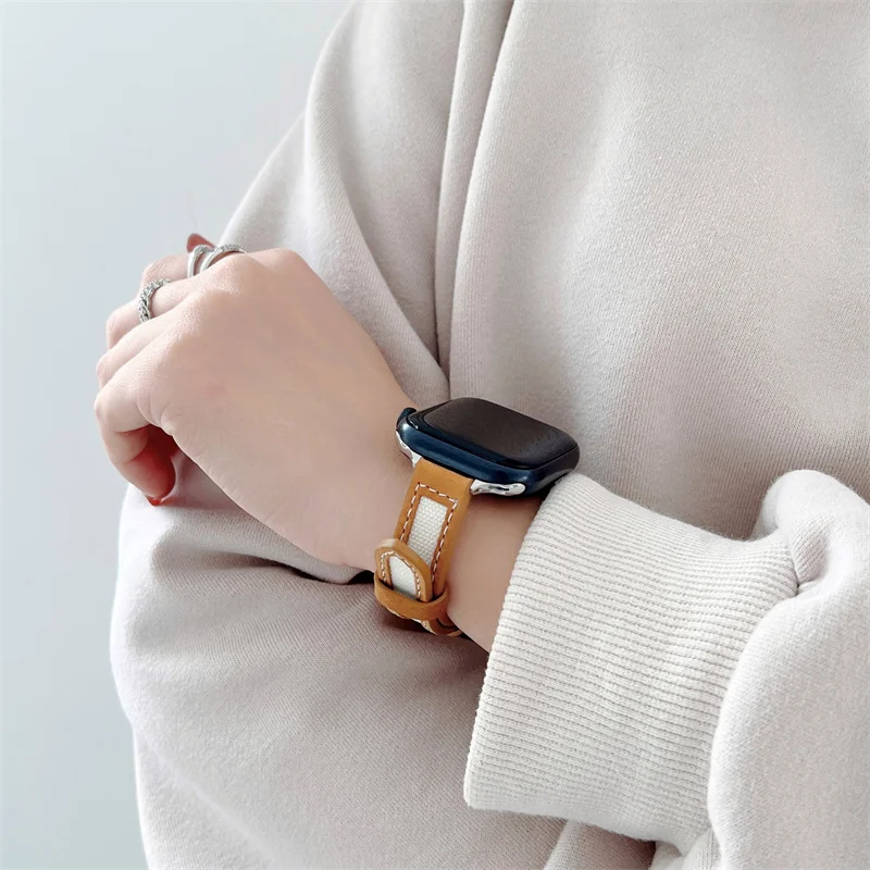 Великолепный мягкий кожаный + холщовый ремешок SE7 6 5 4 для Apple Watch тонкий браслет 38
