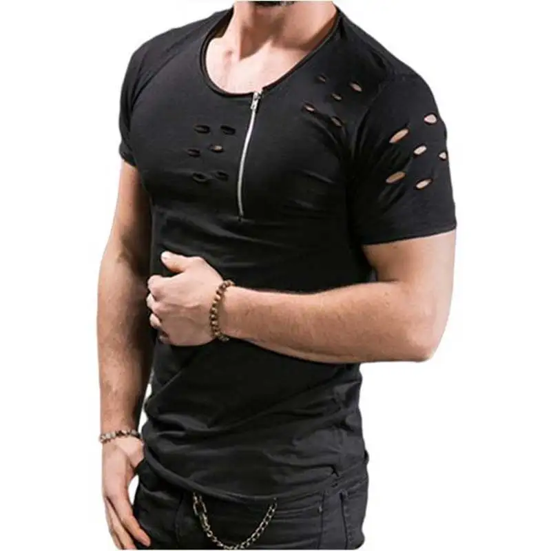 NO.2-7649  Men's T Shirt Slim Fit Muscle O-Neck Top Tee New Fashion Summer Hole Casual Short Sleeve T-Shirt Men Clothes