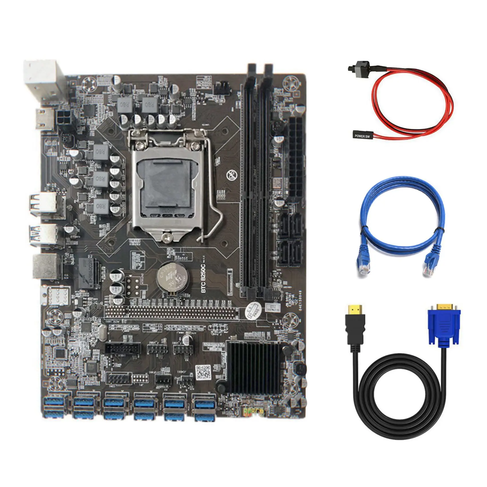 

B250C Miner Motherboard with RJ45 Network Cable+HD to VGA Cable+Switch Cable 12 PCIE to USB3.0 GPU Slot LGA1151 for BTC