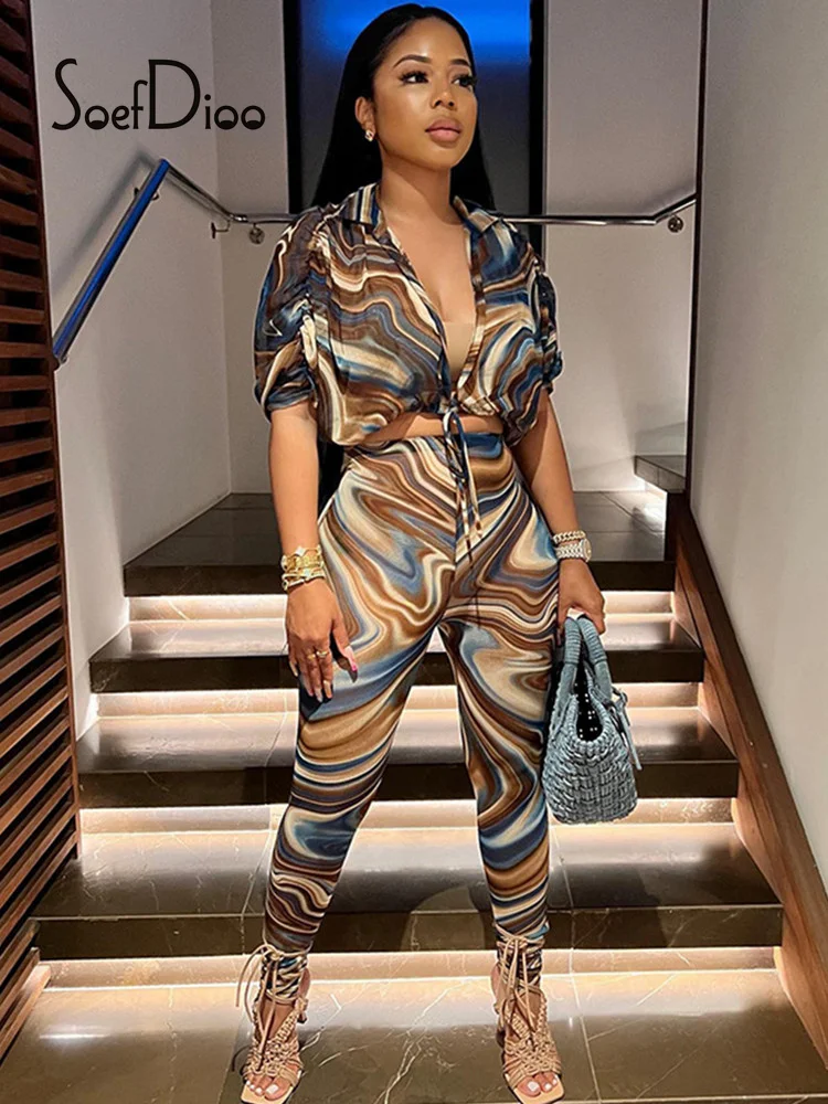 

Soefdioo Printed 2 Piece Sets Womens Outfits Sexy Short Sleeve Lace-up Crop Top and Pencil Pants Matching Autumn 2022 Streetwear