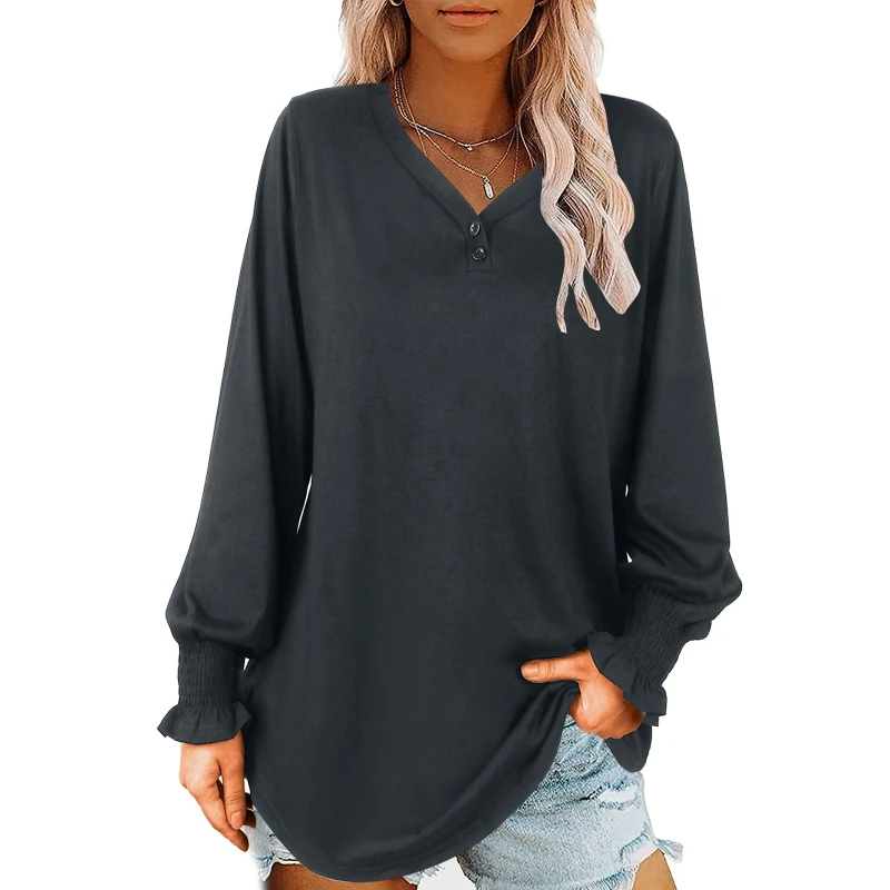 

Loose Fitted Deep V Neck Women T-Shirts Tops Autumn Puff Long Sleeve Blouses