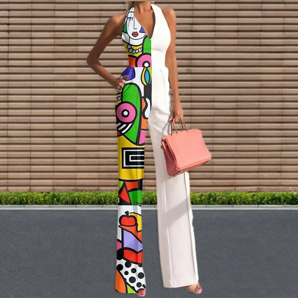 

Summer Jumpsuit Women Overalls Fashion Halter Sleeveless Abstract Print Sexy Jumpsuit Women Bodysuit