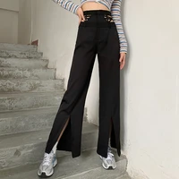 2021 new flared leg trousers women full length black casual pants high elastic waist oversized solid hollow out split streetwear