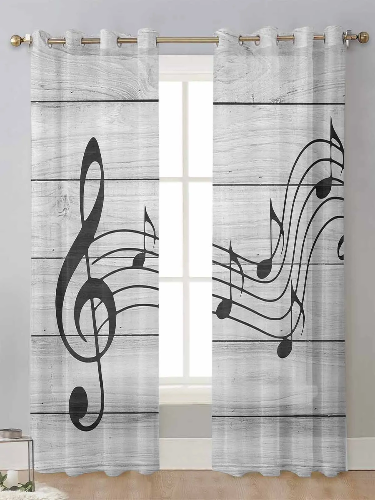 

Wood Grain Musical Black Note Sheer Curtains For Living Room Window Transparent Voile Tulle Curtain Cortinas Drapes Home Decor