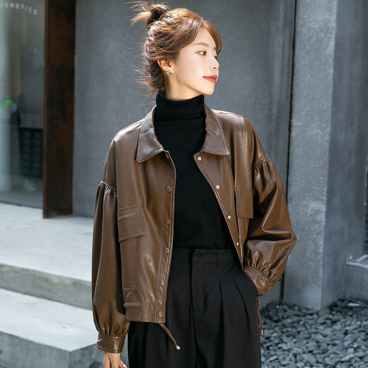 

Short Leather Jacket Women Autumn Winter Korean Style Long Sleeve Button Up Top Ladies Brown Loose PU Leather Coat Streetwear