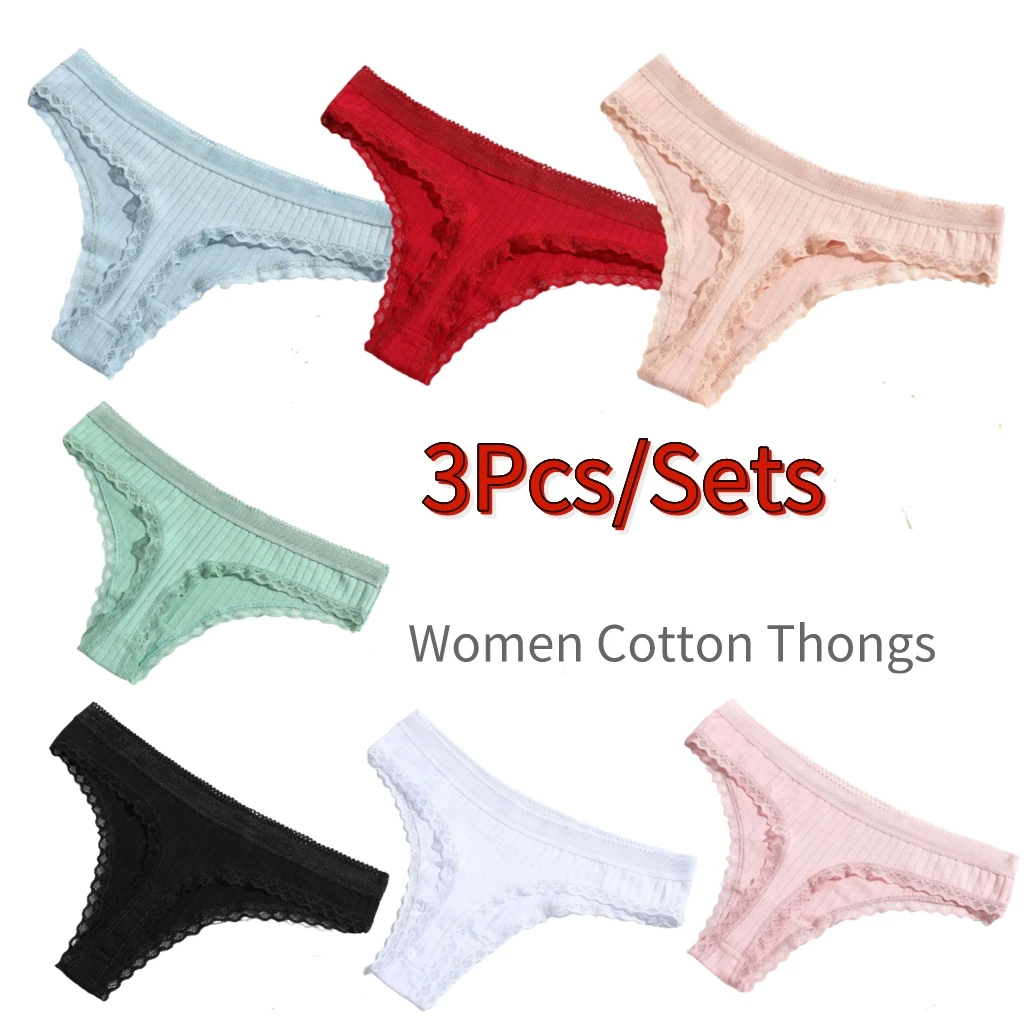 

3PCS/Lots Women Cotton Panties Sexy Low Waist Lace Thin Thongs For Ladies T-back G-string Panties Female Underpants 2022 New Hot