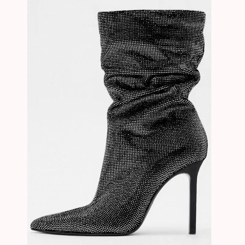 New Style Pointed Thin High-heeled Women's Boots Pleated Rhinestone Show Large Size Medium Boots Fashion Sleeve Short Boots