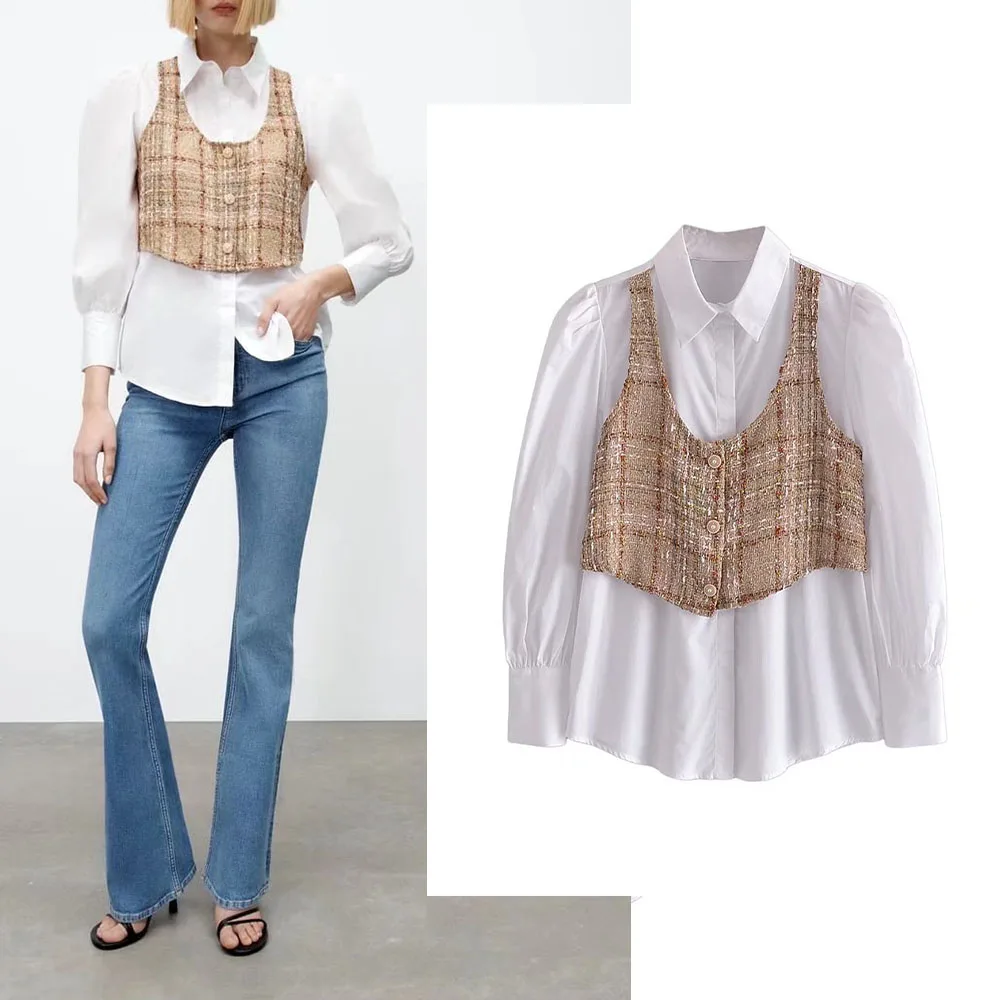 

2022 Women's Spring New Fashion Tank Top Patchwork Shirt Vintage Long Sleeve Button Blouse Blusas Chic Top Best Top Women