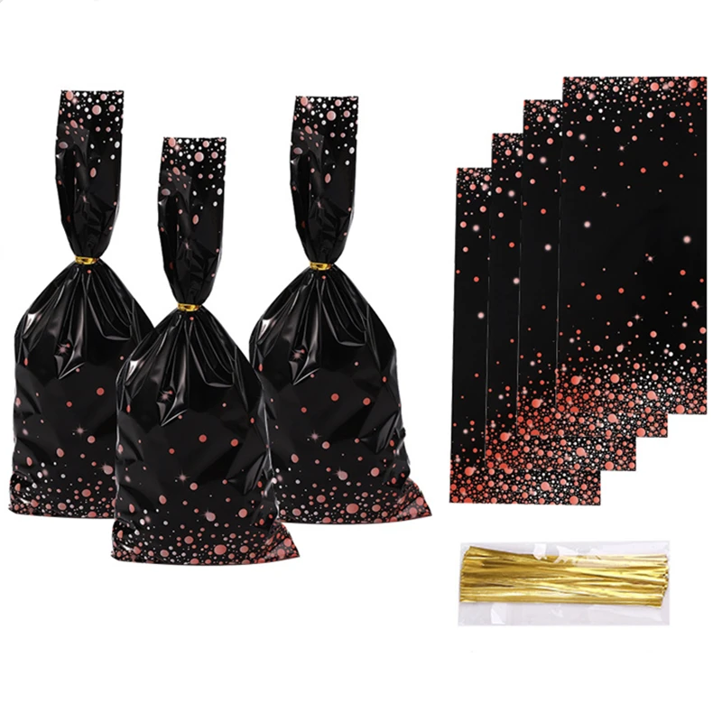 

100Pcs Black Starlight Plastic Bag Colorful Printed Food Bundle Pocket Stars Holiday Bag Baked Candy Food Bag