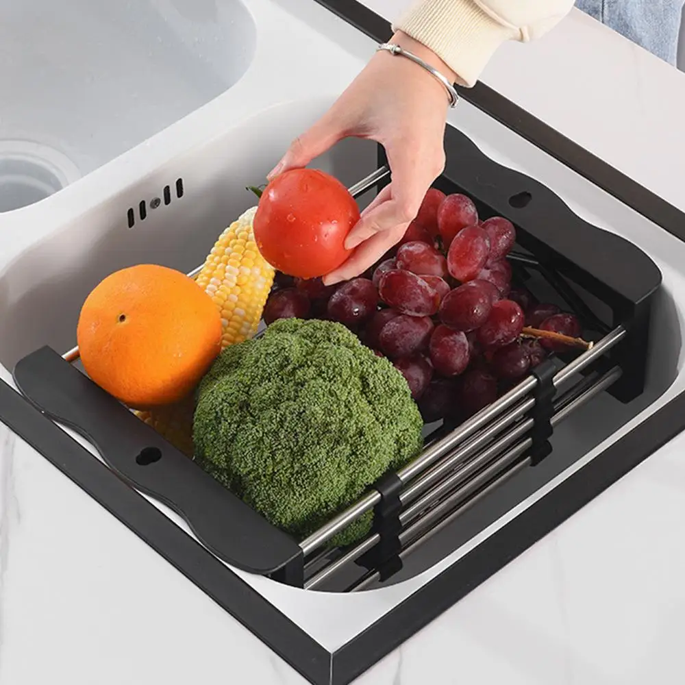 

Multifunctional Kitchen Sink Fruit And Vegetable Drain Rack Retractable Stainless Steel Drain Basket Dish Drying Rack Accessory