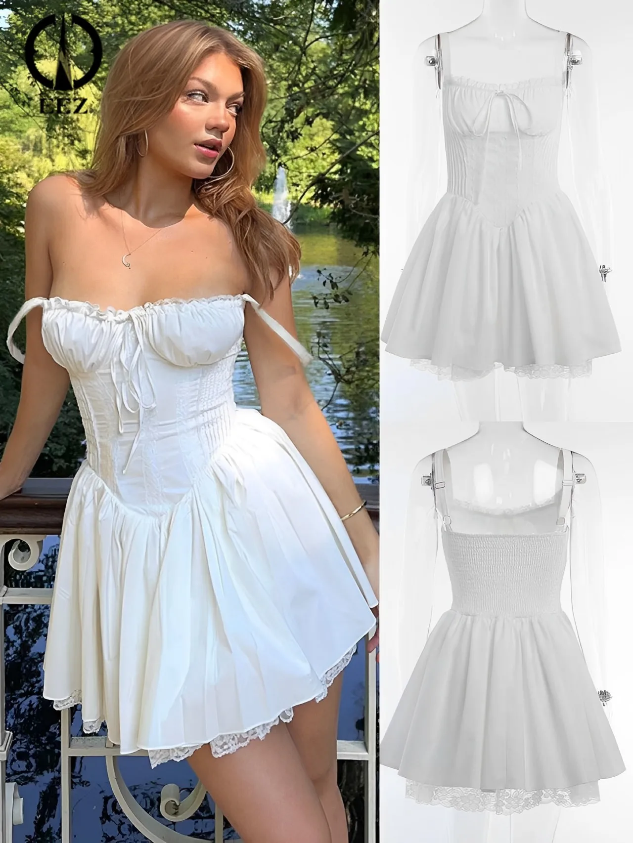 

French Sweet Backless Mini White Dress Women A-line Lace Hem Chest Wrap Suspenders Corset Dresses Summer Lady Coquette Robes Y2k