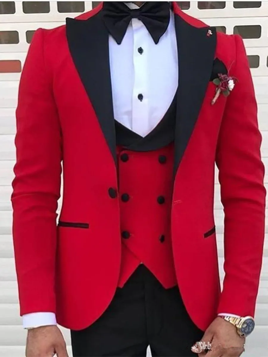 

Customized Red Men's Suit Jacket Blazers Halloween Costume Elegant For Luxury Man Suit's For Wedding Three Piece 95