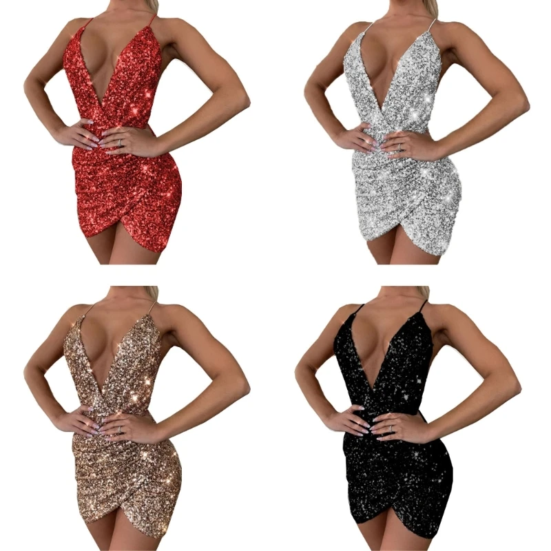 

Women Sexy Halter V-Neck Sparkly Sequin Ruched Wrap Hem Club Bodycon Short Dress