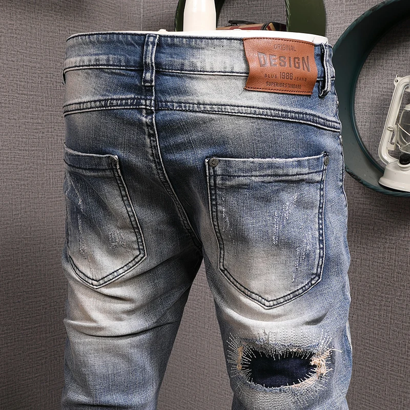 Streetwear Fashion Men Jeans Retro Blue Stretch Slim Fit Ripped Jeans Men Hole Trousers Patched Designer Hip Hop Pants Hombre