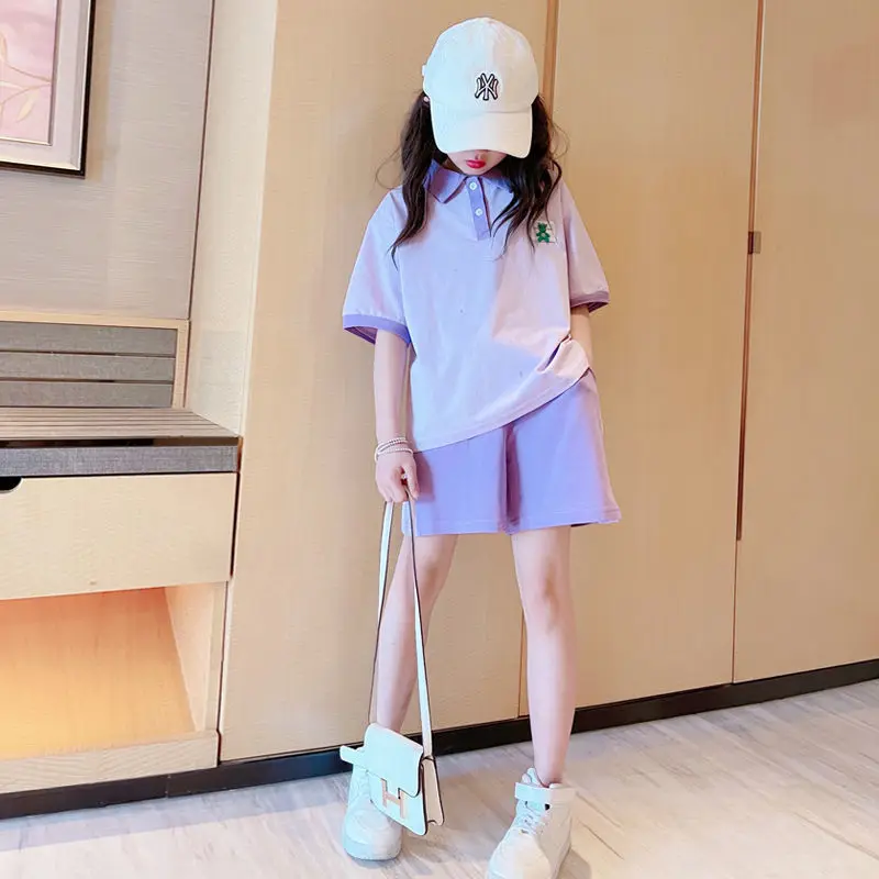 

Summer Girls Clothes Suit with Cartoon Pattern 2023 POLO shirt +Short 2Pcs Set College Style Fashion Children Clothing Tracksuit
