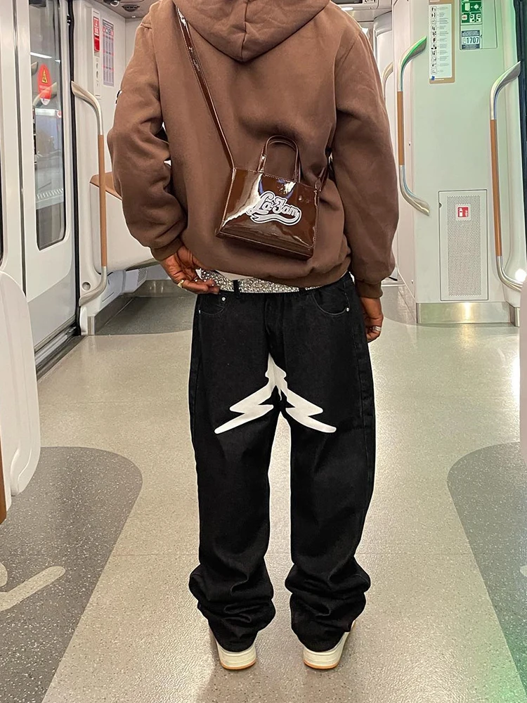 Baggy Jeans Men Y2K Fashion Designer Black Star Printed Trousers Bottoms Streetwear Casual Low Waist Loose Straight Denim Pants
