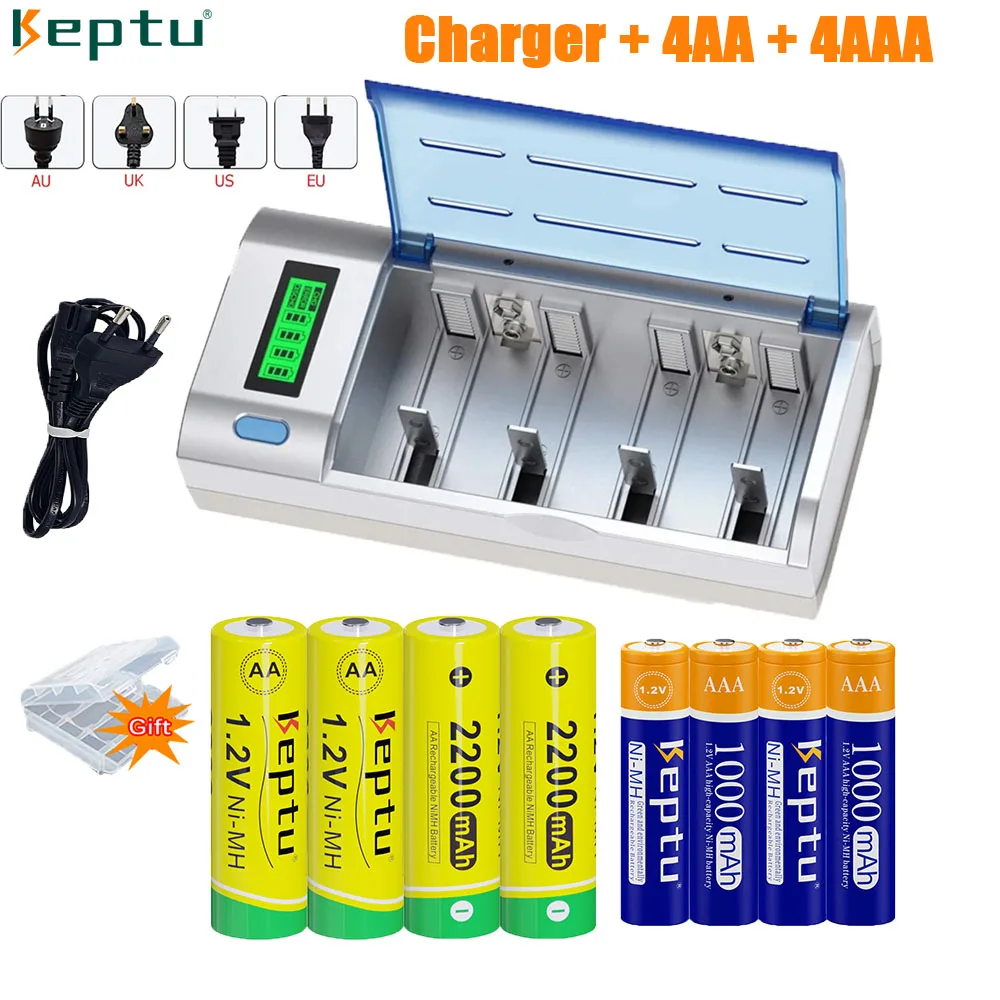 

KEPTU 1.2V AA / AAA Battery, C D size R20 R14 rechargeable Ni-Mh battery + 4 Slots Smart Fast Charger