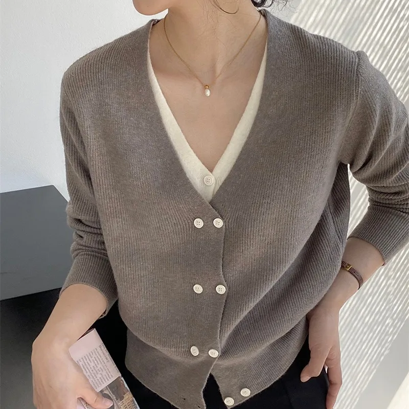 

ZARSAFLY V Neck Short Knit Cardigan Women Spring Fall Korean Fake Two-piece Long-sleeved Sweater Outerwear 4 Colors