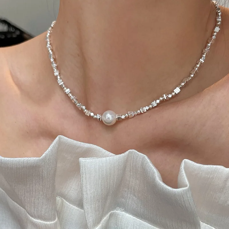 

Pearl Necklace Female South Korean Net Red ins Light Silver Sweater Chain Fashion temperament Versatile High class Collar Chain