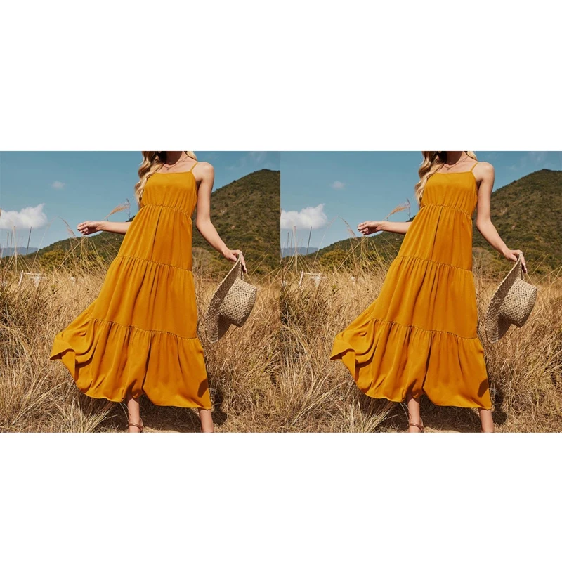 

Women's Casual Sweet Adjustable Strap Cake A-Line Dress Long Skirt Yellow