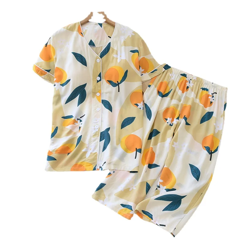 Pajamas Women's Summer Short-sleeved Cropped Pants with Chest Pads  Home Suit Thin Section Can Be Worn Outside Soft Sleepwear