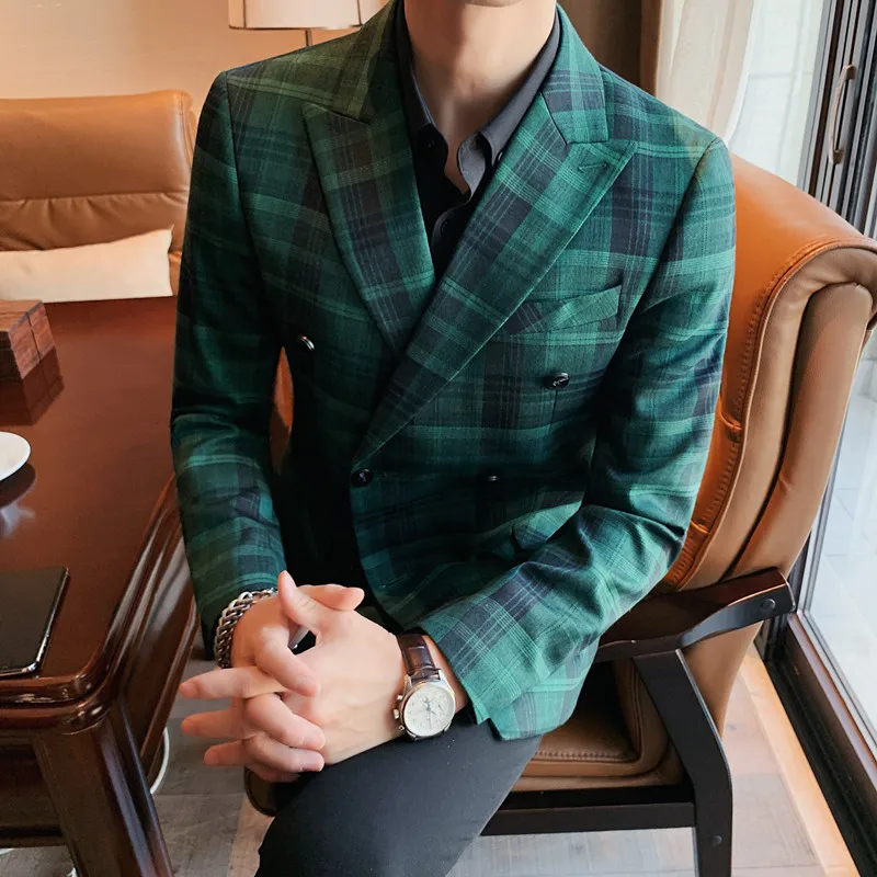 

Mens British Style Double Breasted Blazer Jackets Men Clothing 2022 Business Formal Wear Slim Fit Casual Plaid Suits Jackets