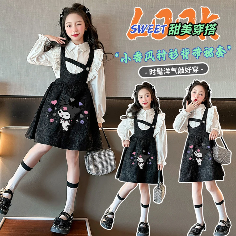 Sanrio Kuromi Girls Dresses for Kids Anime Teenager Preppy High-Quality Spring Autumn Pearl Shirt Dress Kids Costumes 4-18Year