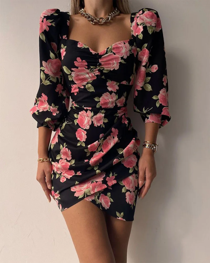 

2022 Summer New Women's Dresses, Sexy Tight Square Neck Floral Casual Mini Skirt
