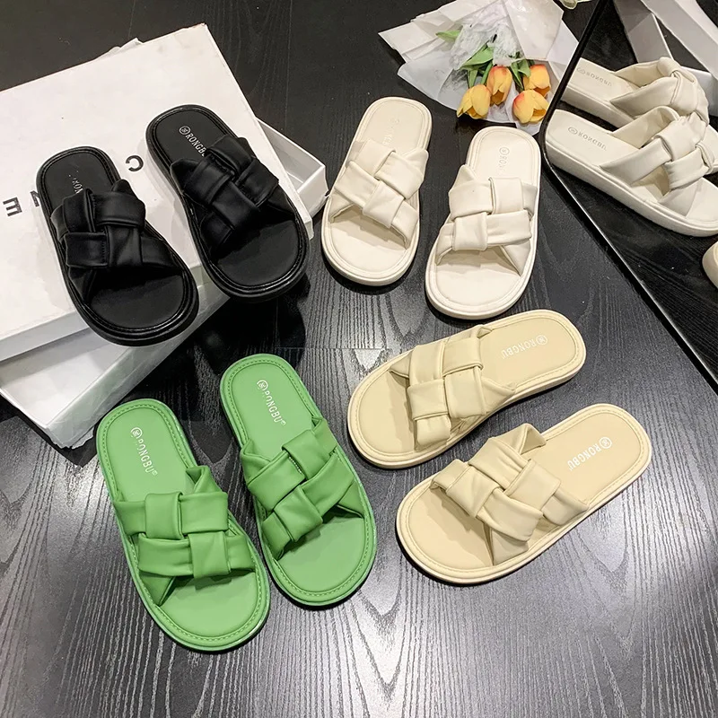 

Spring Summer Slippers Soft Flax Simple Cute Warm Home Men Women House Floor Indoor Slides Fur Cross Fat Dudu Shoes Room Flat