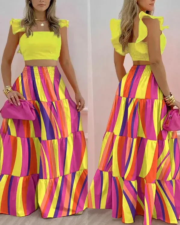 

Summer Women Skirt Suit Two-piece Set Shirred Crop Top & Allover Print Skirt Set 2022 Fashion New