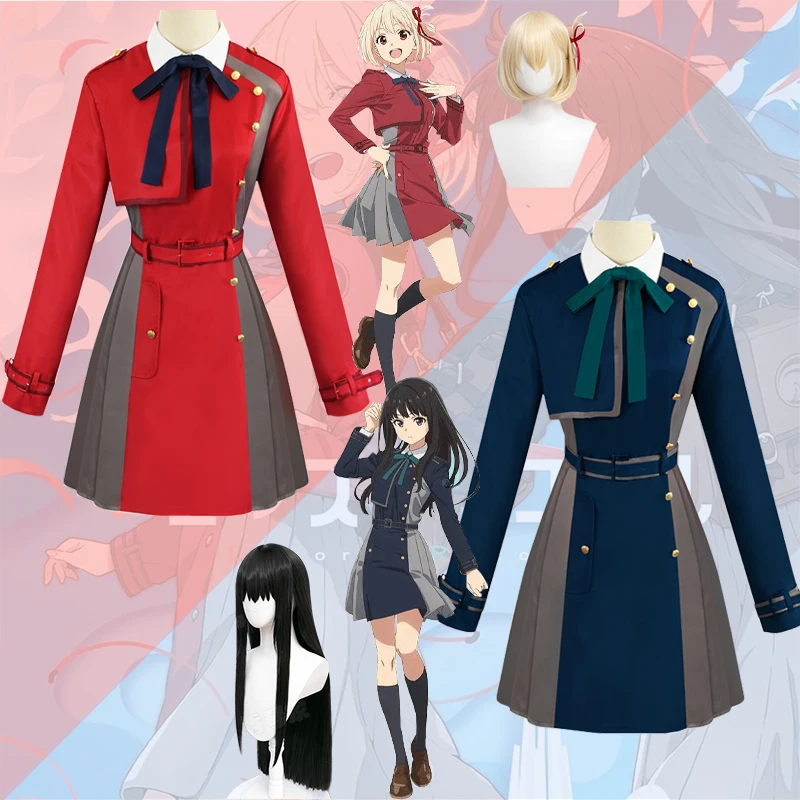 

Anime Lycoris Recoil Nishikigi Chisato Inoue Takina Cosplay Costume Red Blue Uniform Dress Wig Halloween Clothing Girls Women