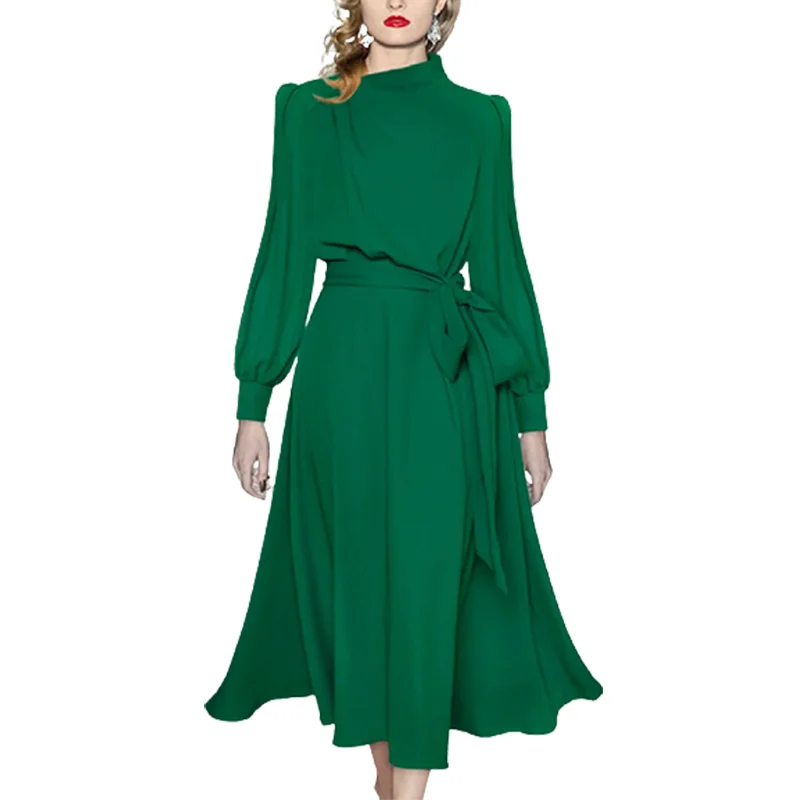 

Женское ТРАПЕЦИЕВИДНОЕ ПЛАТЬЕ Lemongor, элегантное городское платье с пышными рукавами и поясом, однотонное платье средней длины с длинным рук...